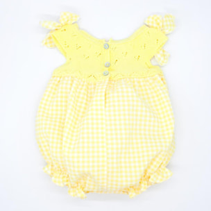 Pelele estampado vichy amarillo y cuerpo de punto, lazos en el hombro.