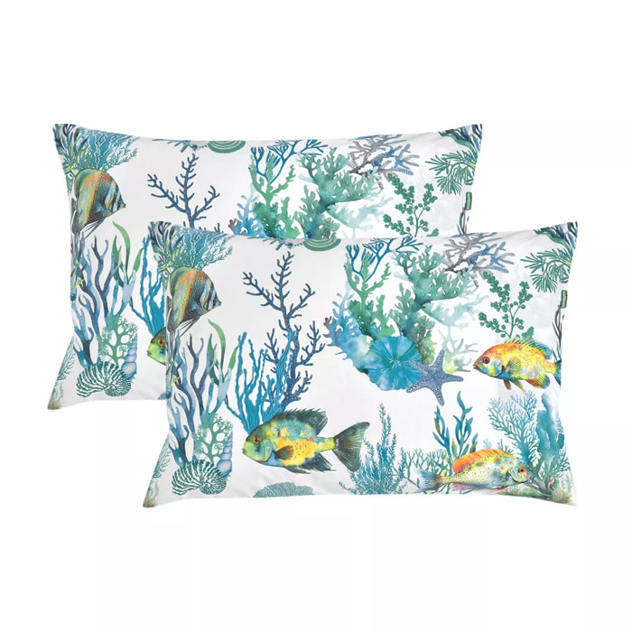 Lot de 2 taies percale de coton imprimé blanc bleu Naia blanc