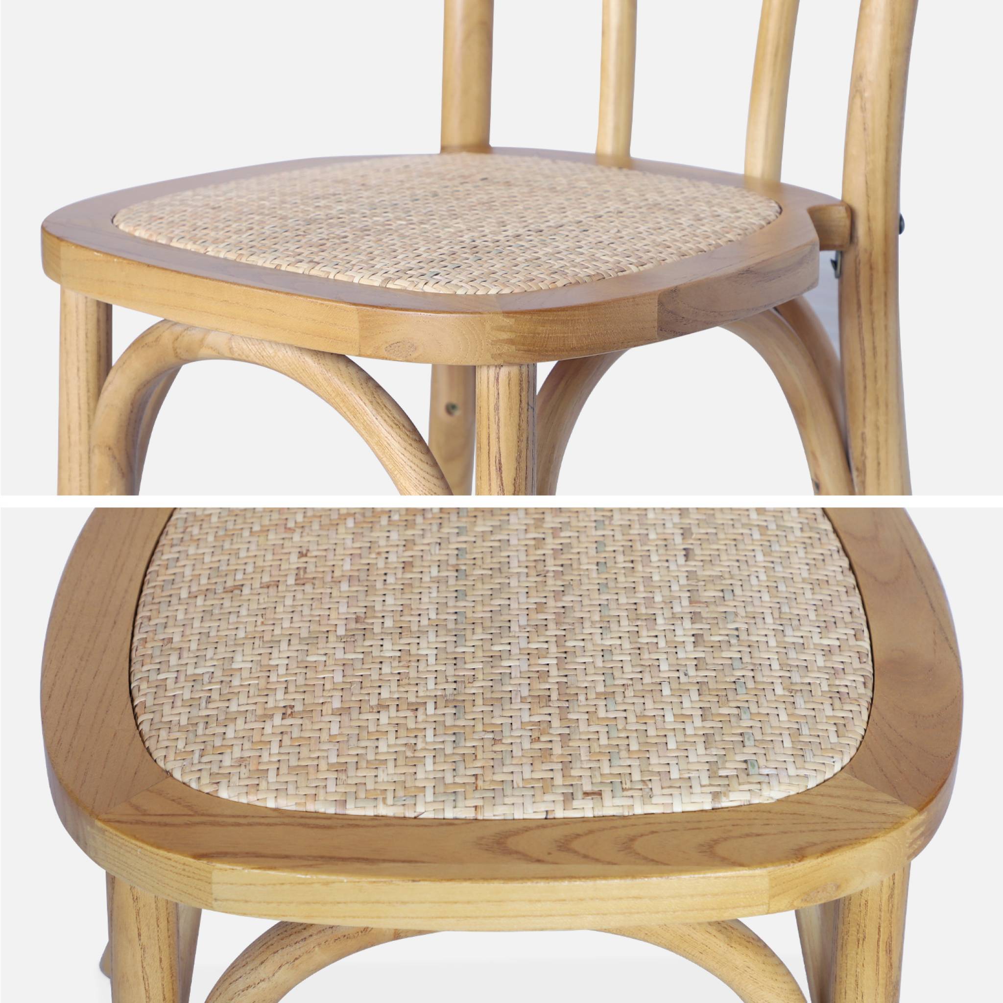 Lot de deux chaises vintage en bois avec assise en rotin et dossier arrondi coloris naturel
