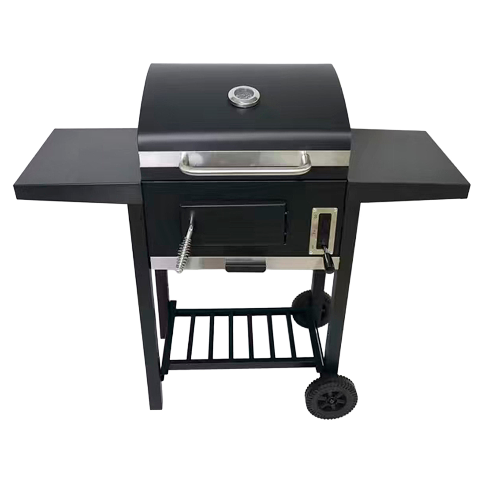 Barbecue portatile in ferro con vassoio per carboni regolabile in altezza e termometro.