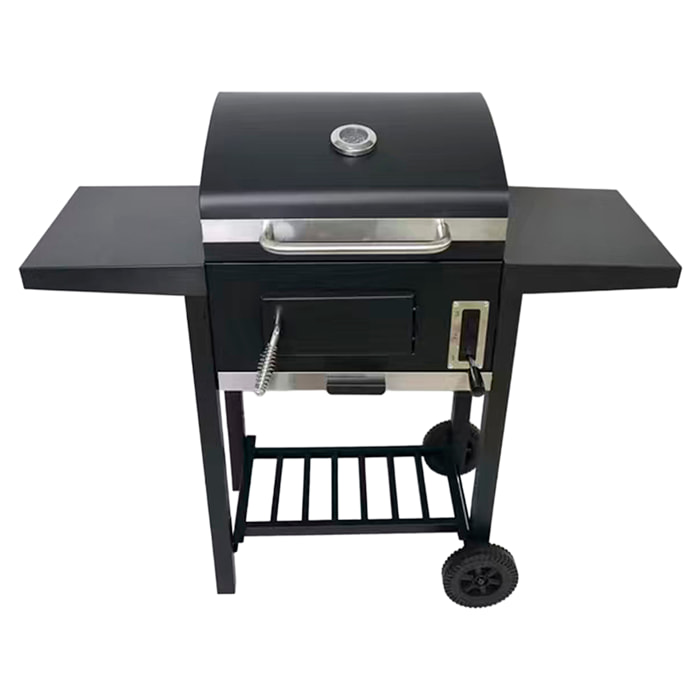 Barbecue portatile in ferro con vassoio per carboni regolabile in altezza e termometro.