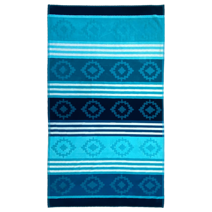 Serviette de plage éponge velours Jacquard ciselé Bleu 90x170 340g/m² - Razao