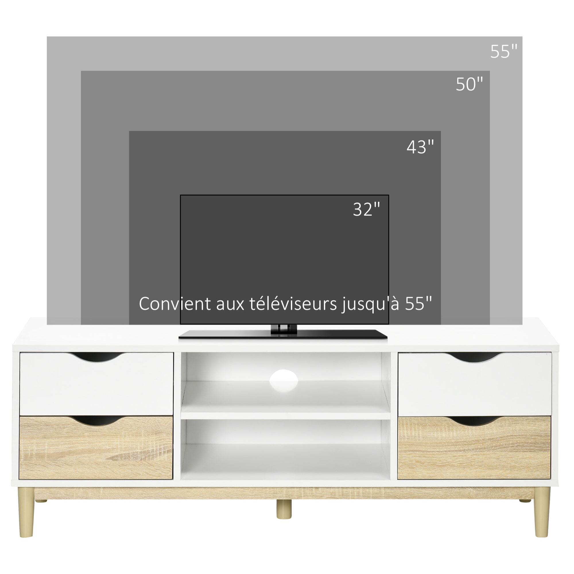 Meuble TV banc TV style scandinave 4 tiroirs 2 niches passe-fils panneaux blanc aspect chêne clair