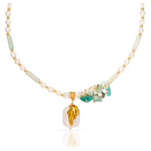 Collar con colgante cuadrado pintado, piedra aguamarina, conchas, lapislázuli y perlas naturales con cierre de mosquetón.