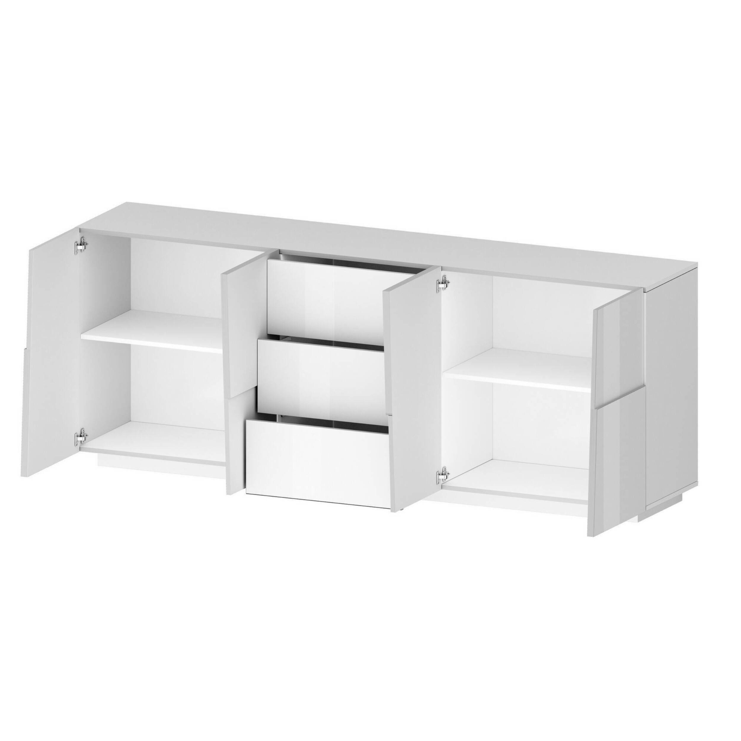 Credenza Ddamsgaar, Buffet da soggiorno, Madia da salotto con 4 ante e 3 cassetti, 220x44h86 cm, Bianco lucido