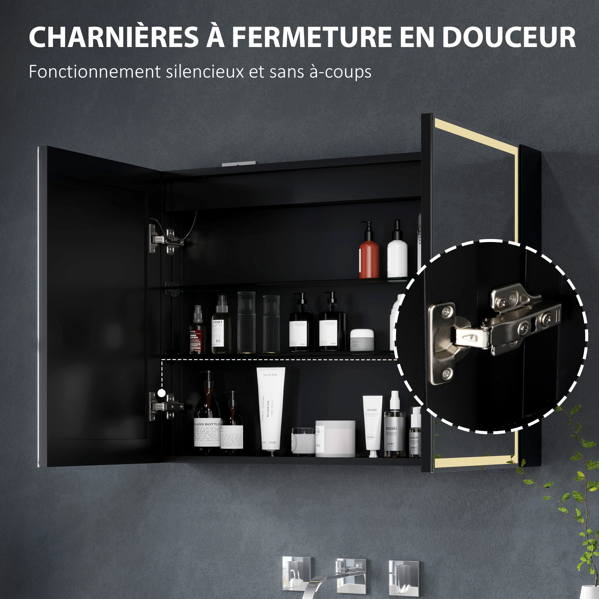 Armoire murale salle de bain  2 portes miroir lumineux LED intégré 60 x 80 cm 2 étagères verre alu noir