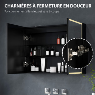 Armoire murale salle de bain  2 portes miroir lumineux LED intégré 60 x 80 cm 2 étagères verre alu noir