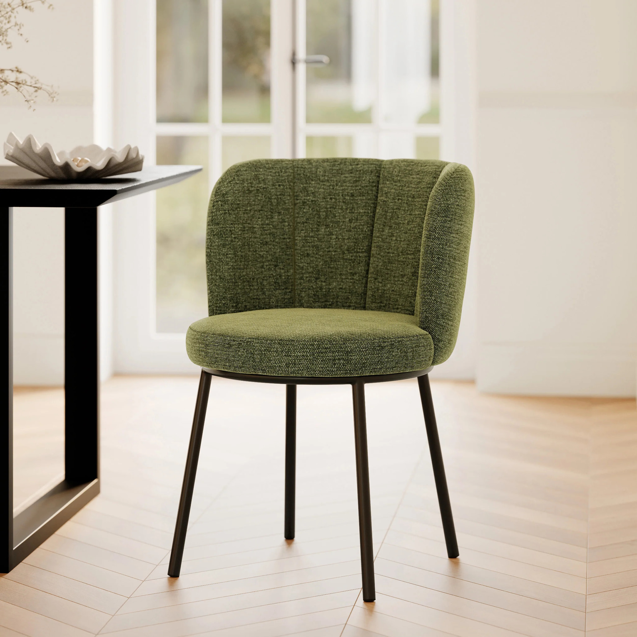 Chaise en tissu vert chiné et pieds noirs - Aby