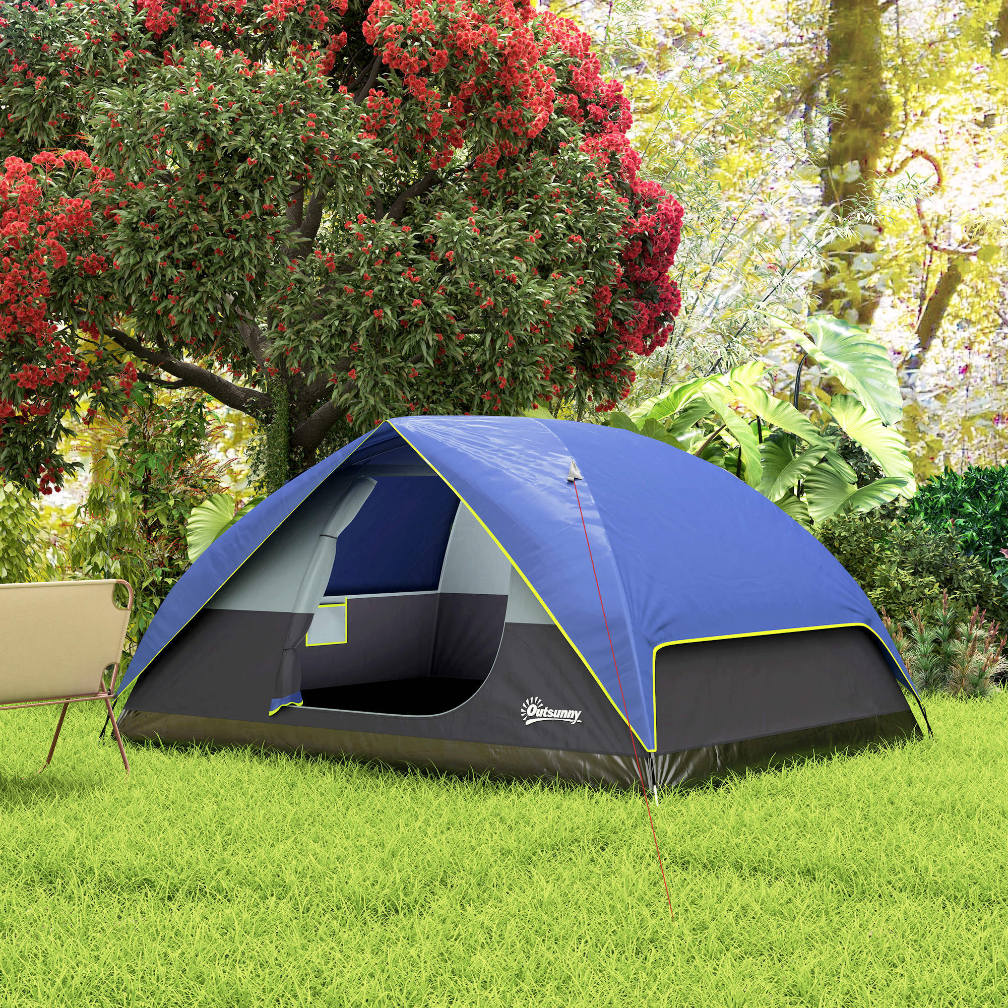 Tente de camping 2-4 personnes - fenêtre, 2 poches, port d'alimentation, sac de transport - bleu foncé