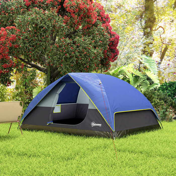 Tente de camping 2-4 personnes - fenêtre, 2 poches, port d'alimentation, sac de transport - bleu foncé