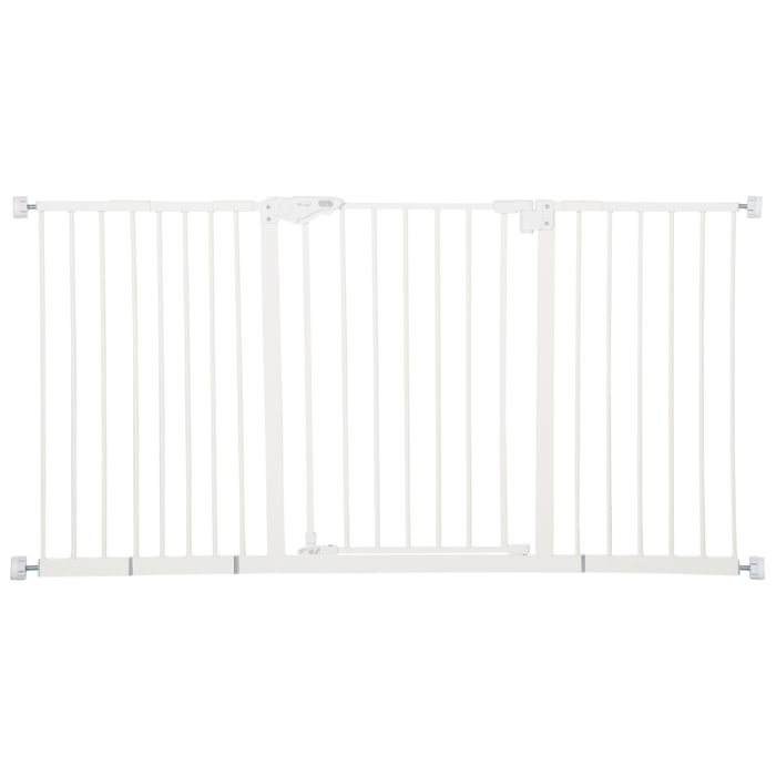 Barrera de Seguridad Extensible para Puertas y Escaleras Barrera para Perros con Cierre Automático y Sistema de Doble Bloqueo Metal 74-147,5x76,2 cm Blanco