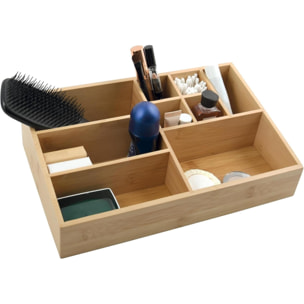 Organizador de Maquillaje 10 Compartimentos de Bambú Beige – Ecológico, Multifuncional y Elegante para Tocador o Escritorio