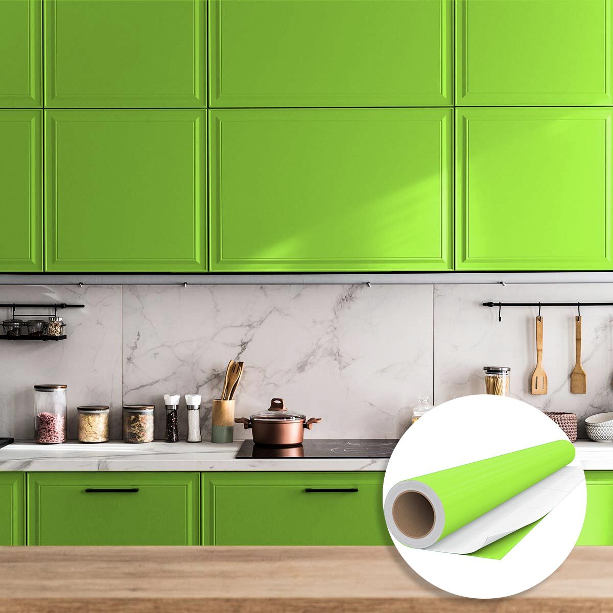 Rouleau adhésif décoratif Vinyle au Mètre - Vert pomme - Sticker Lavable Imperméable Mur Cuisine Meubles