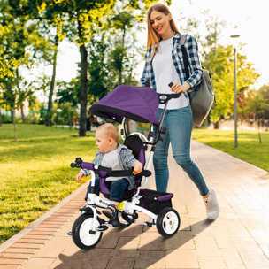 Triciclo Evolutivo para Bebés 6 en 1 Triciclo para Niños de 1-5 Años Bicicleta para Niños con Toldo Plegable Mango Telescópico Desmontable Cinturón de Seguridad y Cesto 95x50x106 cm Violeta