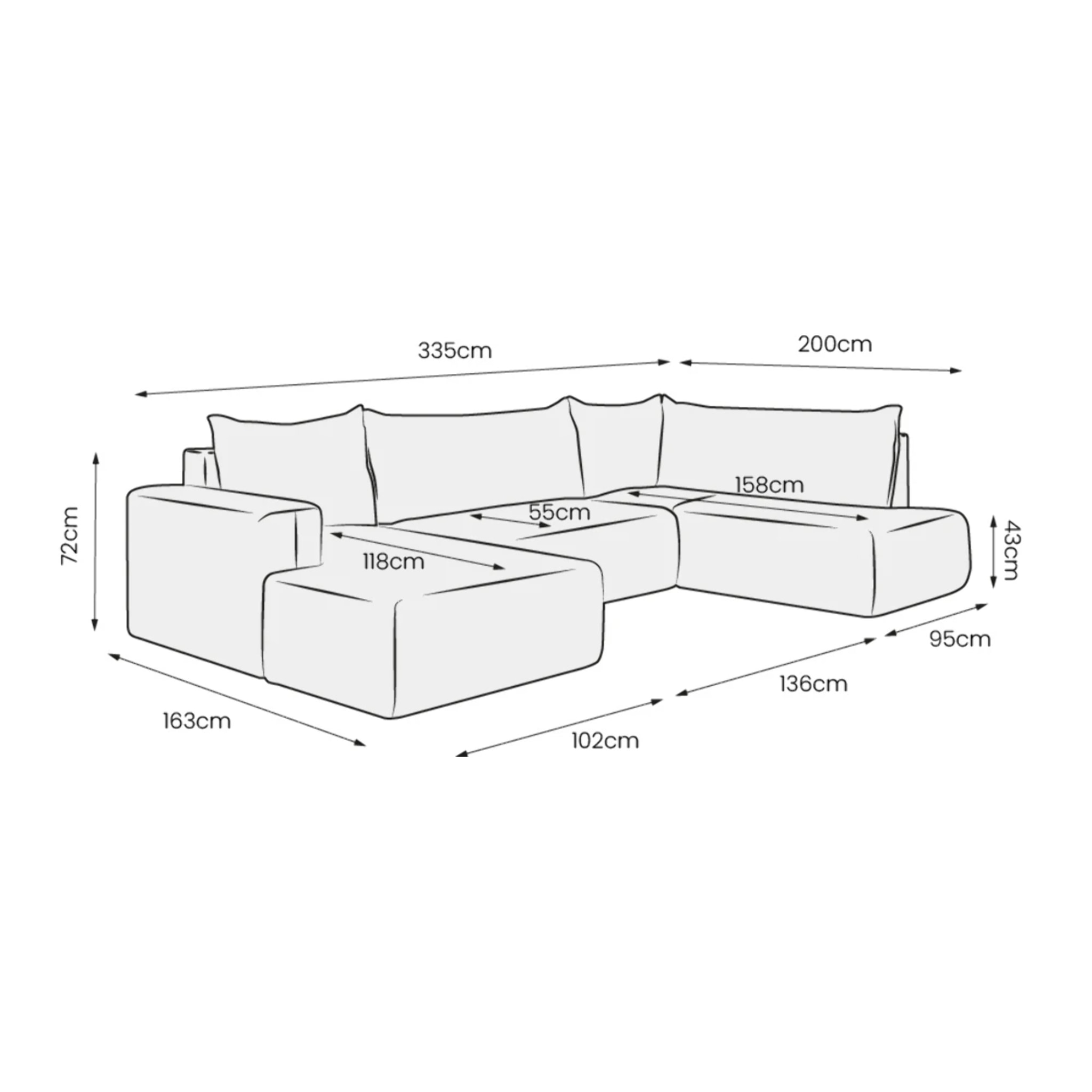 NALA - Canapé panoramique droit 5 places en tissu beige