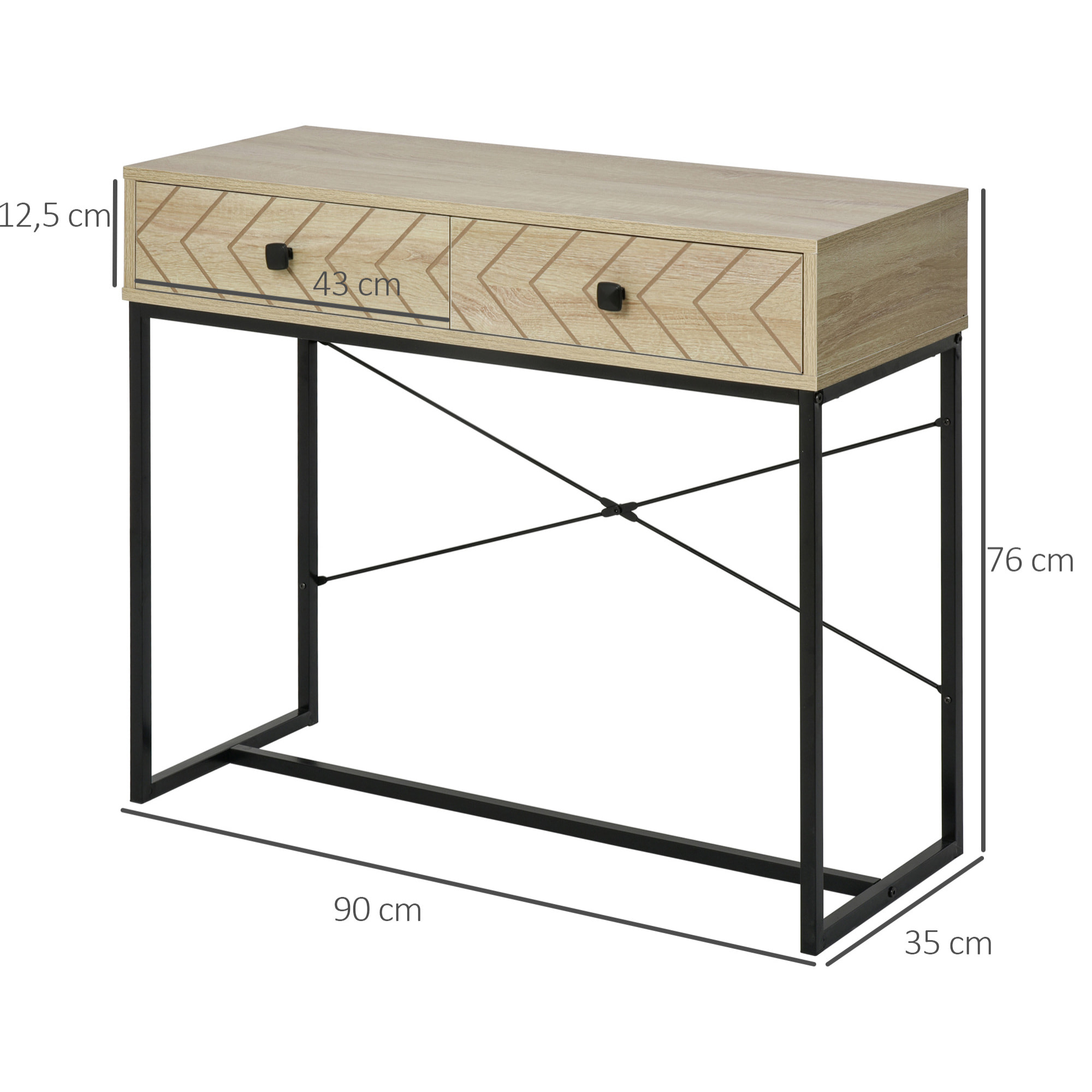 HOMCOM Mesa de Consola 90x35x76 cm Mesa de Entrada con 2 Cajones de Almacenamiento Decorativos y Estructura de Metal para Recibidor Pasillo Salón Color Natural