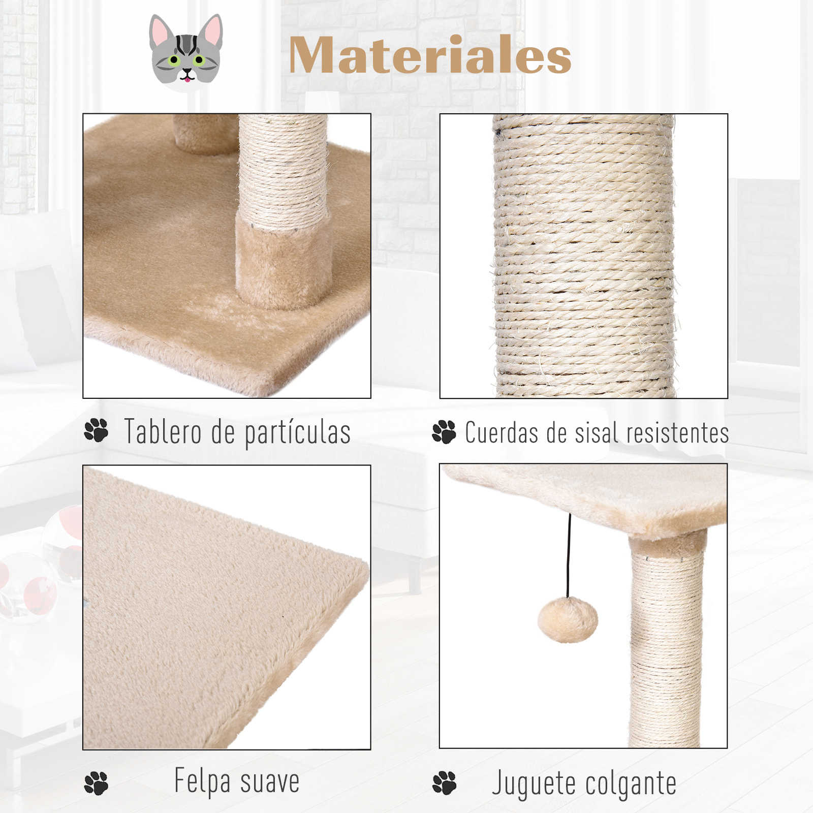Árbol para Gatos de Felpa y Sisal 40x40x98 cm Gris y Beige
