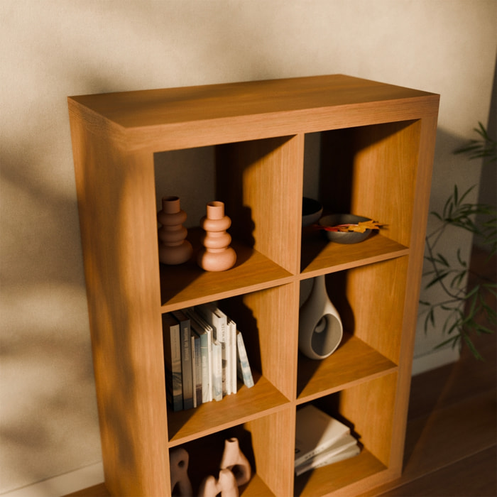Etagère bibliothèque décor bois 2 niveaux 6 compartiments BASIKS