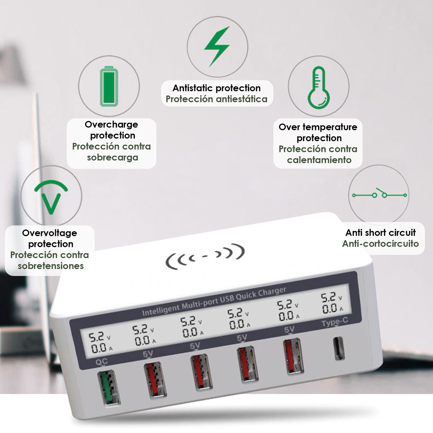 Caricabatterie rapido Multi Qi, con 4 prese USB, 1 uscita QC (Quick Charge) e 1 uscita di tipo C. Display informativo LCD.