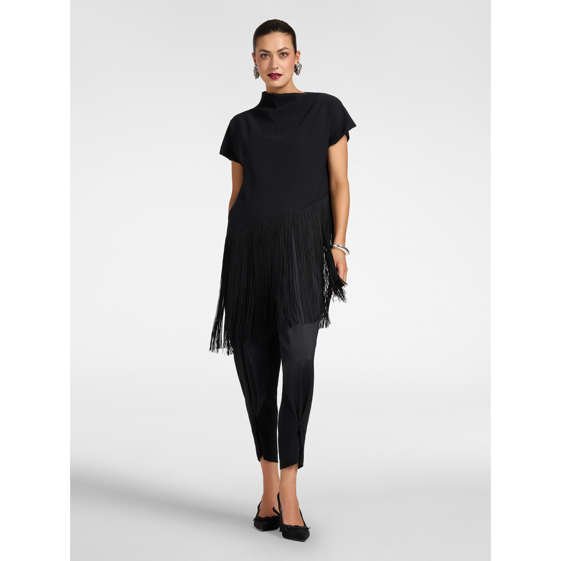Elena Mirò - Top envers satin con frange - Nero