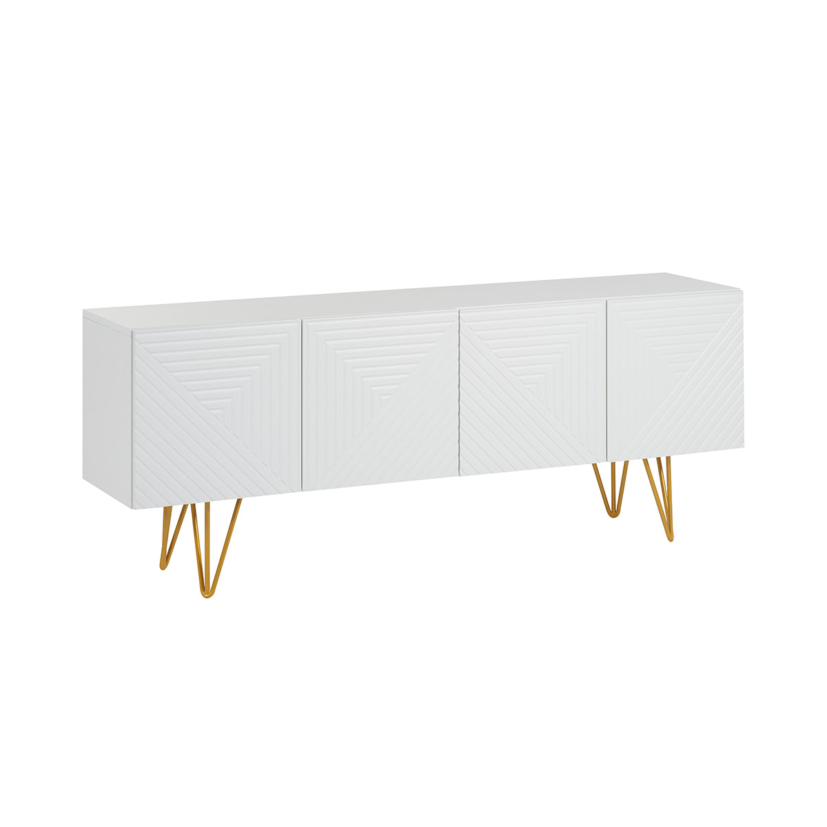 Meuble TV design gravé blanc et métal doré L140 cm OZEN