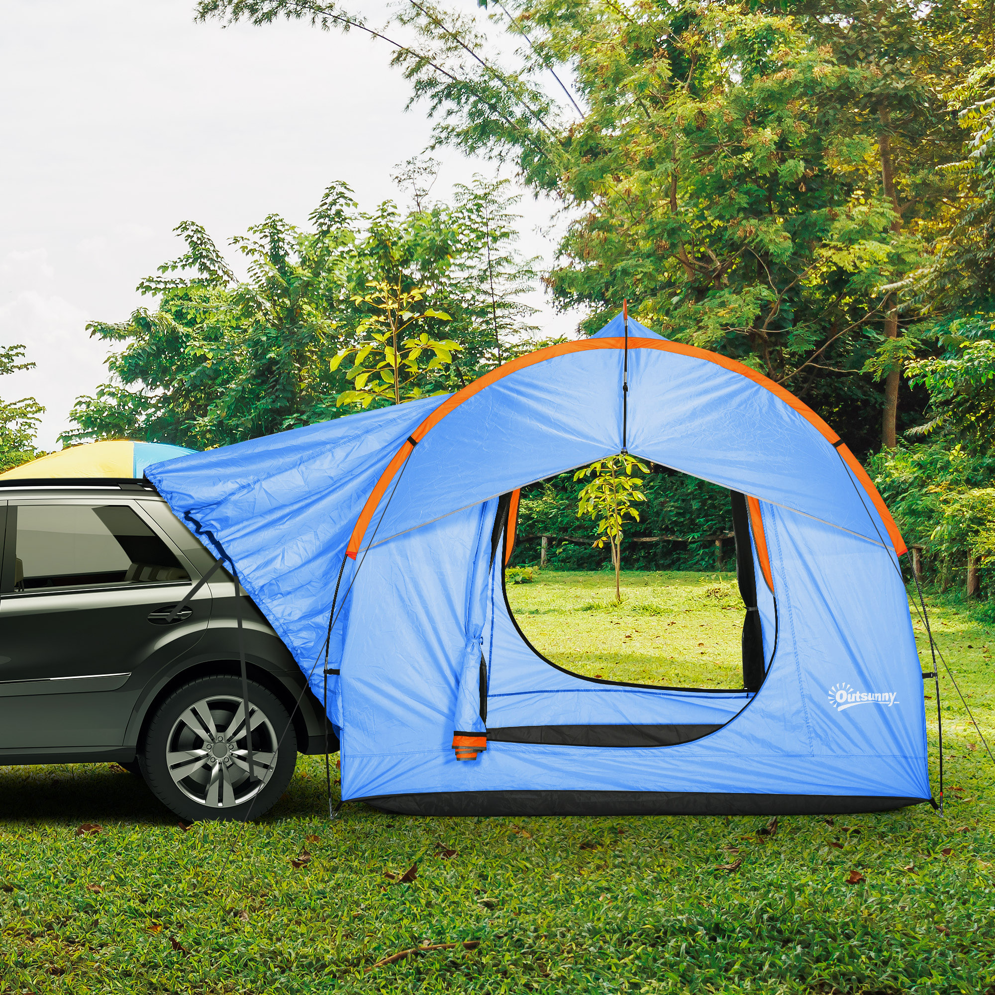 Tente arrière hayon véhicule 4 personnes - auvent pour voiture 3 portes et fenêtre en maille - bleu