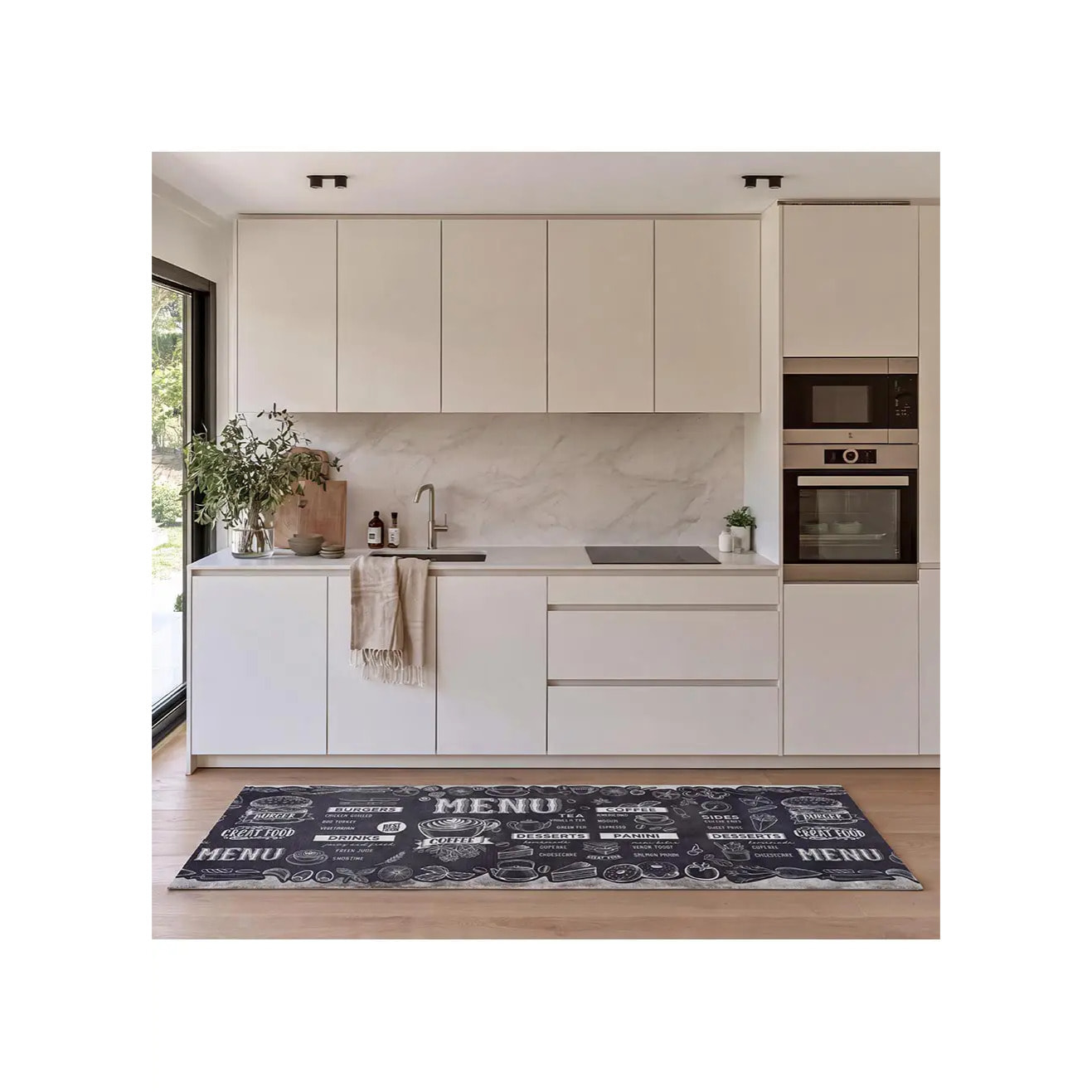 RICCI Alfombra vinílica de cocina diseño de menús en negro, varias medidas disponibles.