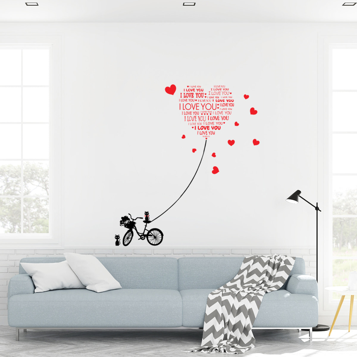 Stickers Muraux décoration adhésifs Love You avec chats et vélo