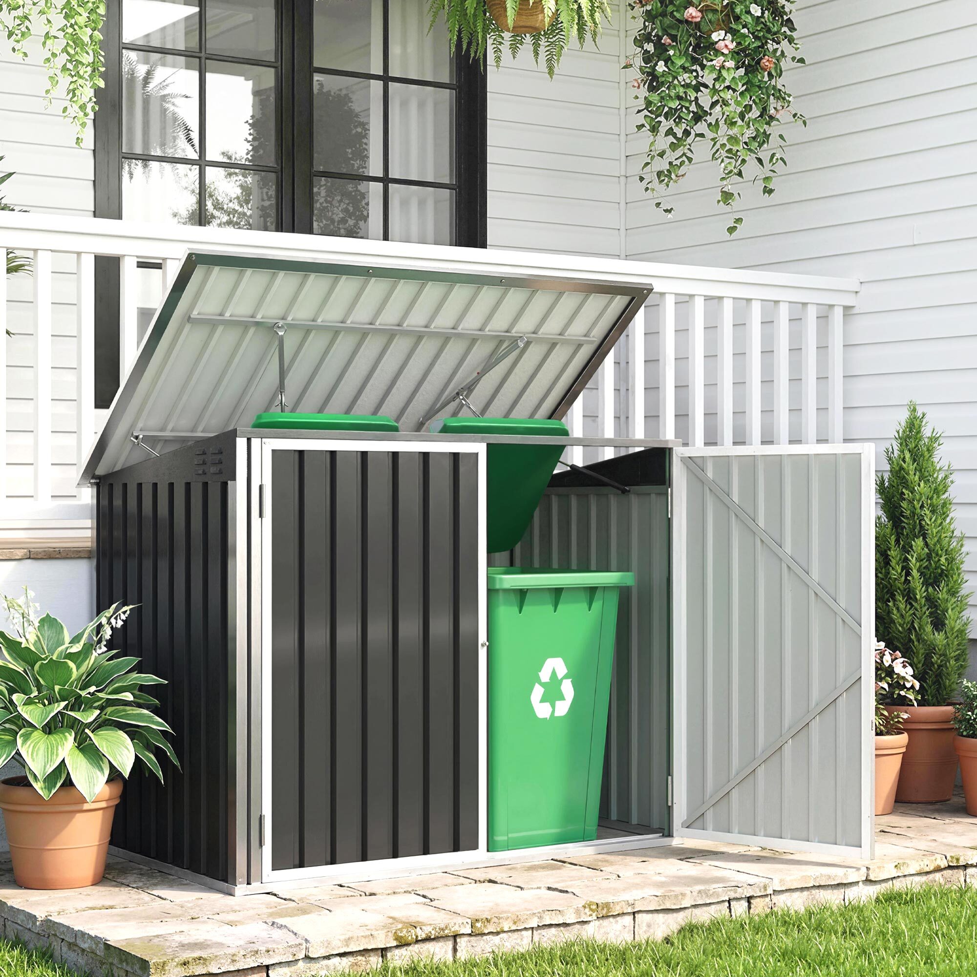 Cobertizo para Contenedor de Basura Doble, Caseta para Cubo de Basura de Acero Galvanizado con Tapa Abatible y Puertas Doble, para Jardín, Exterior, 179,5x108x129,5 cm, Gris Oscuro
