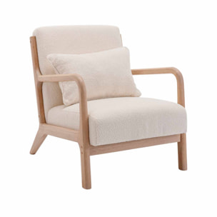 Fauteuil à bouclettes blanches texturées. bois et tissu. 1 place droit fixe. pieds compas scandinave. structure en bois solide