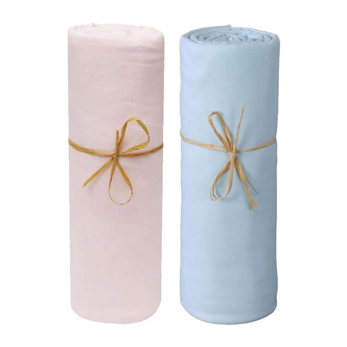 Lot de 2 Draps housse lit bébé 60 x 120 cm / 100% coton / 57 fils/cm² - Couleur: 1 Rose + 1 Ciel