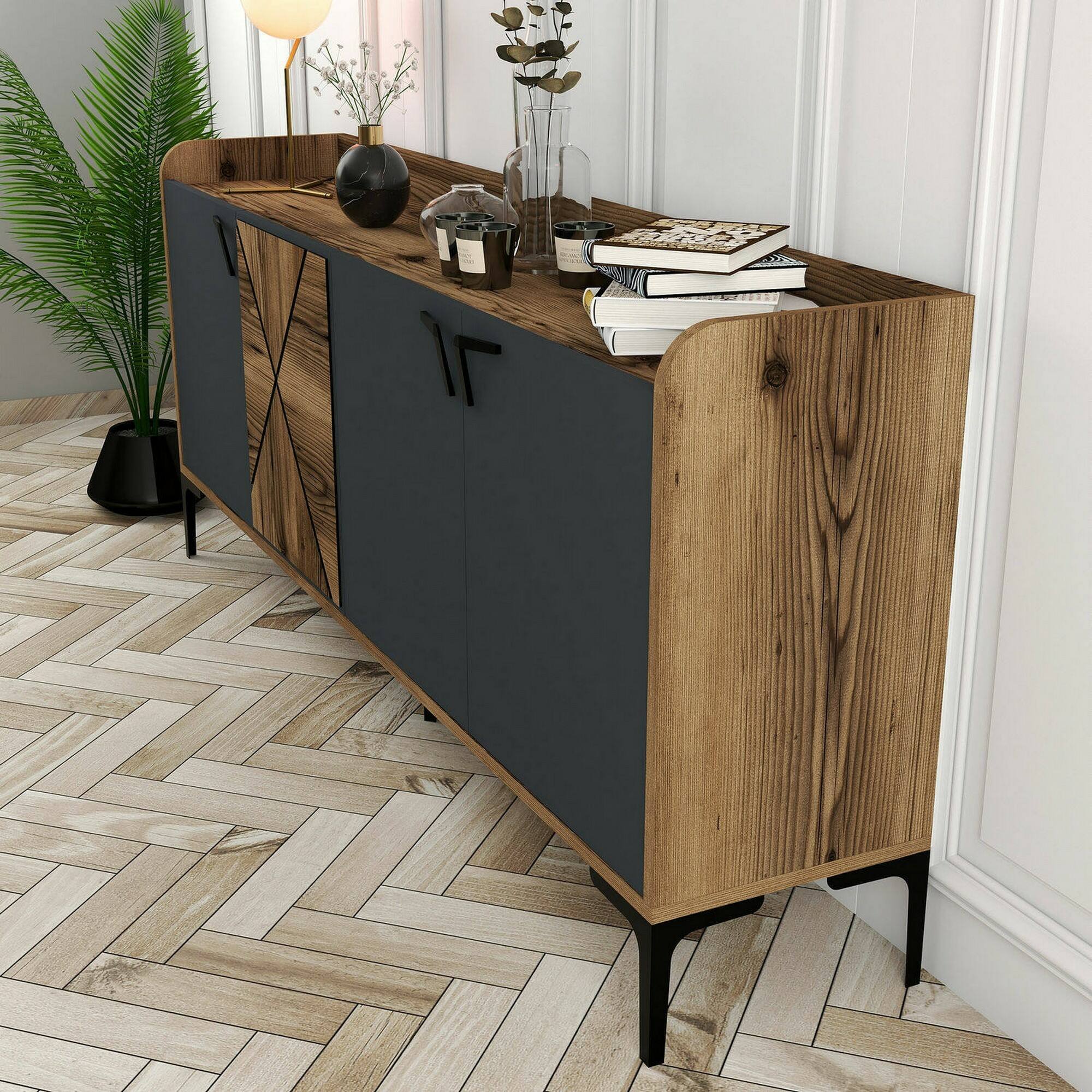 Credenza Dilici, Buffet da soggiorno, Madia da salotto, Dispensa da cucina, 180x35h78 cm, Noce e Antracite