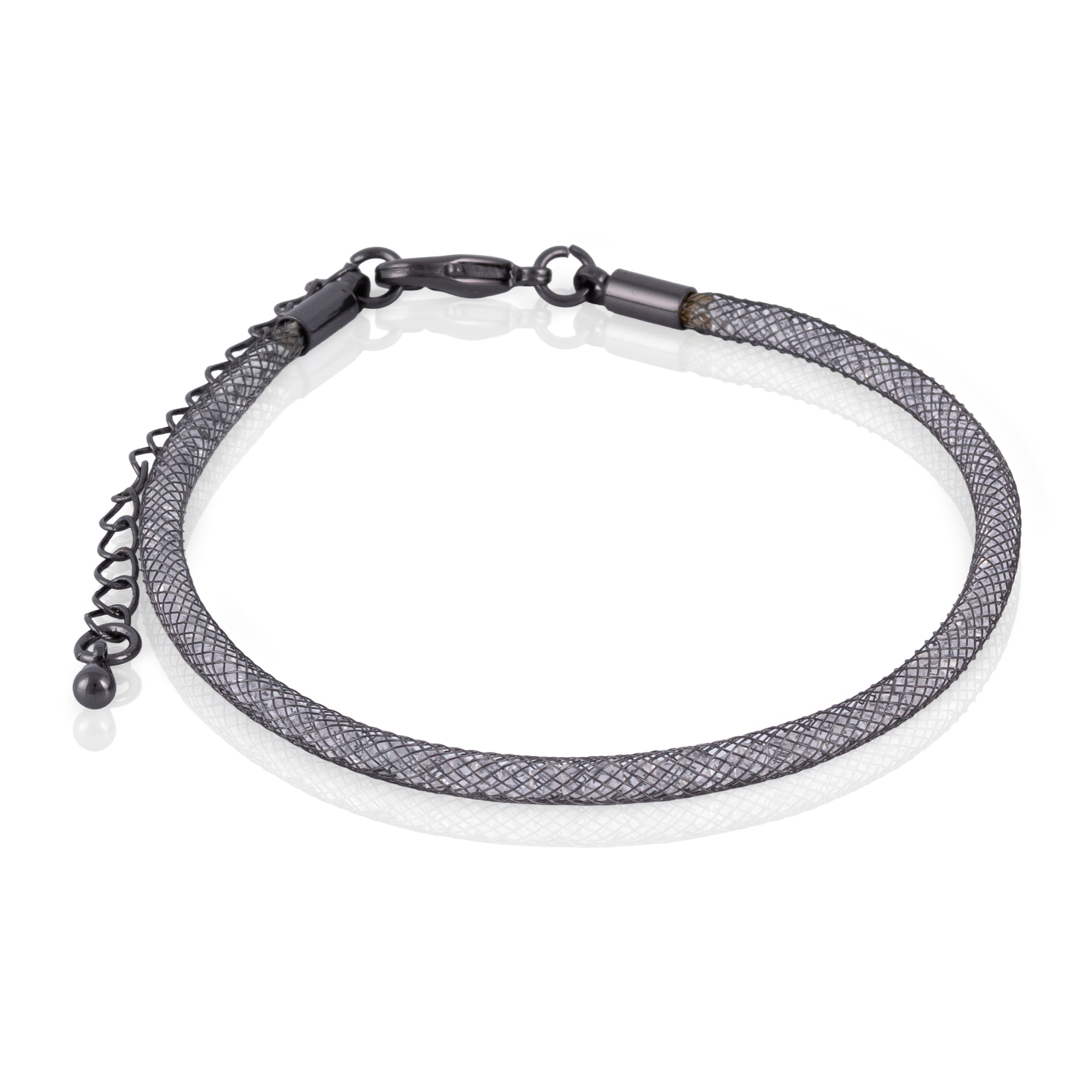 Set de collar y pulsera negros de malla de cobre con relleno de cristal brillante y cierre de mosquetón de cobre con acabado negro.