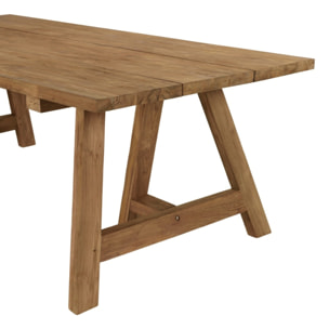 KALLY - Table à manger jardin 220cm bois teck recyclé pieds tréteaux