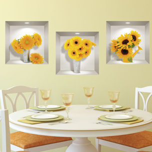 Stickers muraux 3D | Sticker Mural Autocollant effet 3D fleurs variétés de tournesols - Stickers adhésifs 3D Chambre Salon Trompe l'oeil