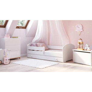 Letto singolo per bambini, Lettino con cassettone e protezione anticaduta, con testiera tonda, cm 164x88h63, colore Bianco