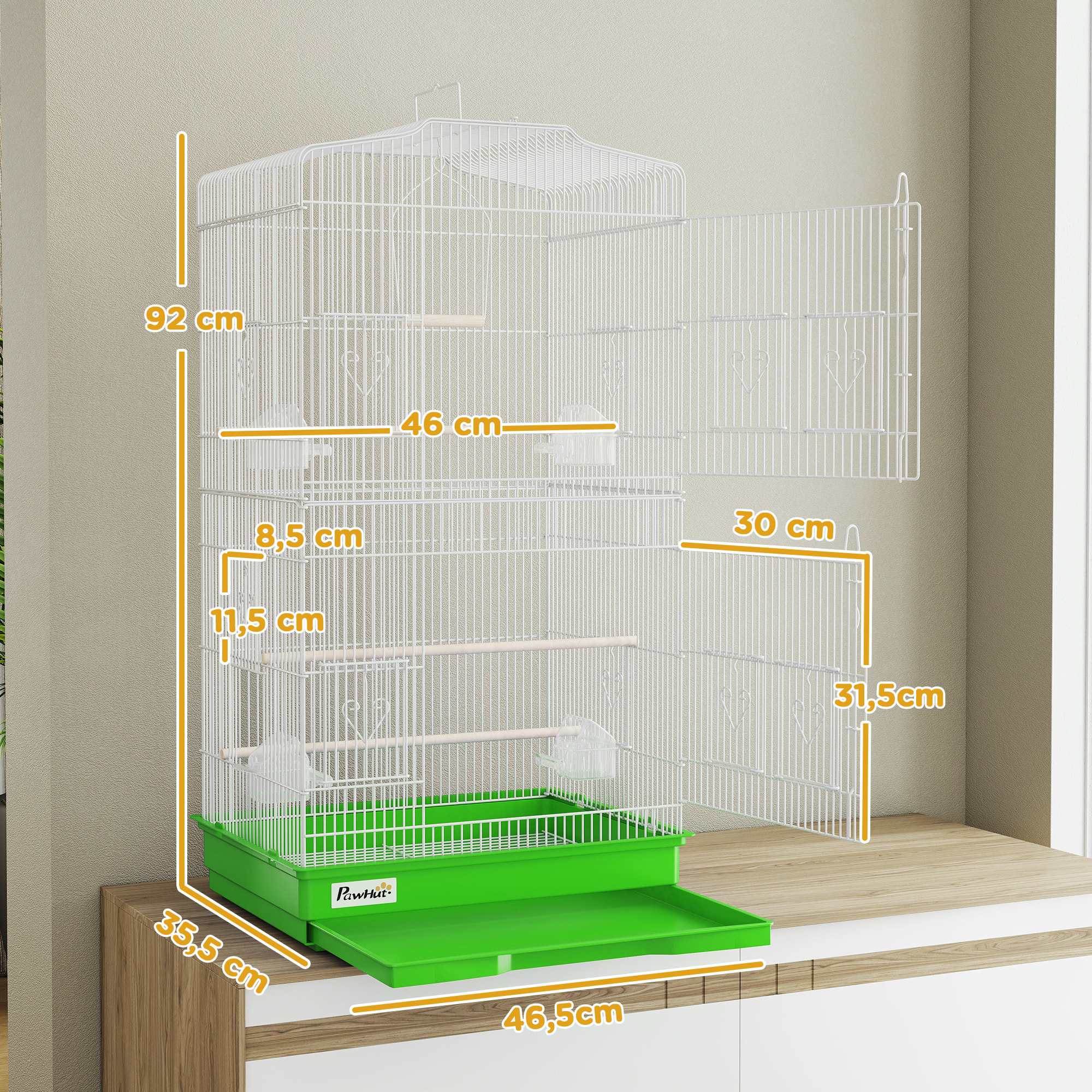Jaula para Pájaros, Jaula de Metal para Pájaros con Puertas, 4 Comederos, 3 Perchas, Columpio, Bandeja Extraíble y Asa de Transporte, para Loro, Canario, Periquito, 46,5x35,5x92 cm, Verde