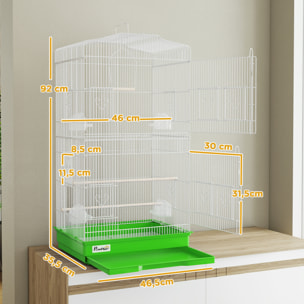 Jaula para Pájaros, Jaula de Metal para Pájaros con Puertas, 4 Comederos, 3 Perchas, Columpio, Bandeja Extraíble y Asa de Transporte, para Loro, Canario, Periquito, 46,5x35,5x92 cm, Verde