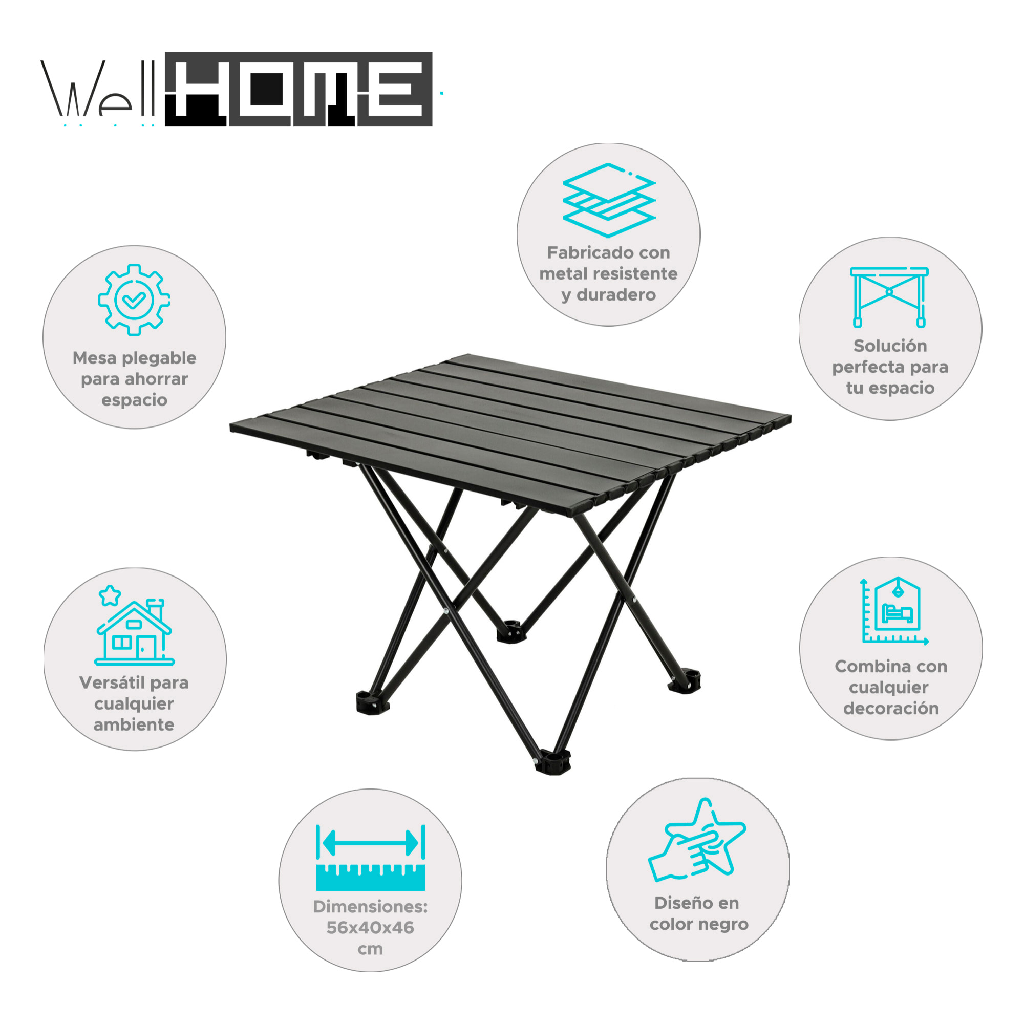 Well Home Mesa Plegable en Metal color Negro 56x40x46cm