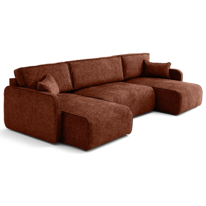 Apolline - canapé panoramique en U 7 places convertible avec coffres en tissu moucheté - Terracotta