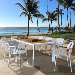 ENSEMBLE DE JARDIN TABLE NATUREL/BLANC 230CM AVEC 8 FAUTEUILS BLANC BASUN