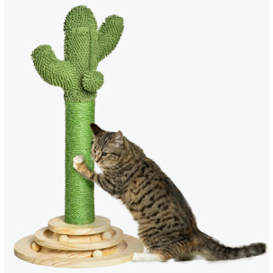 Griffoir chat design cactus - jouet pompon suspendu, jouet boules - bois de pin sisal vert