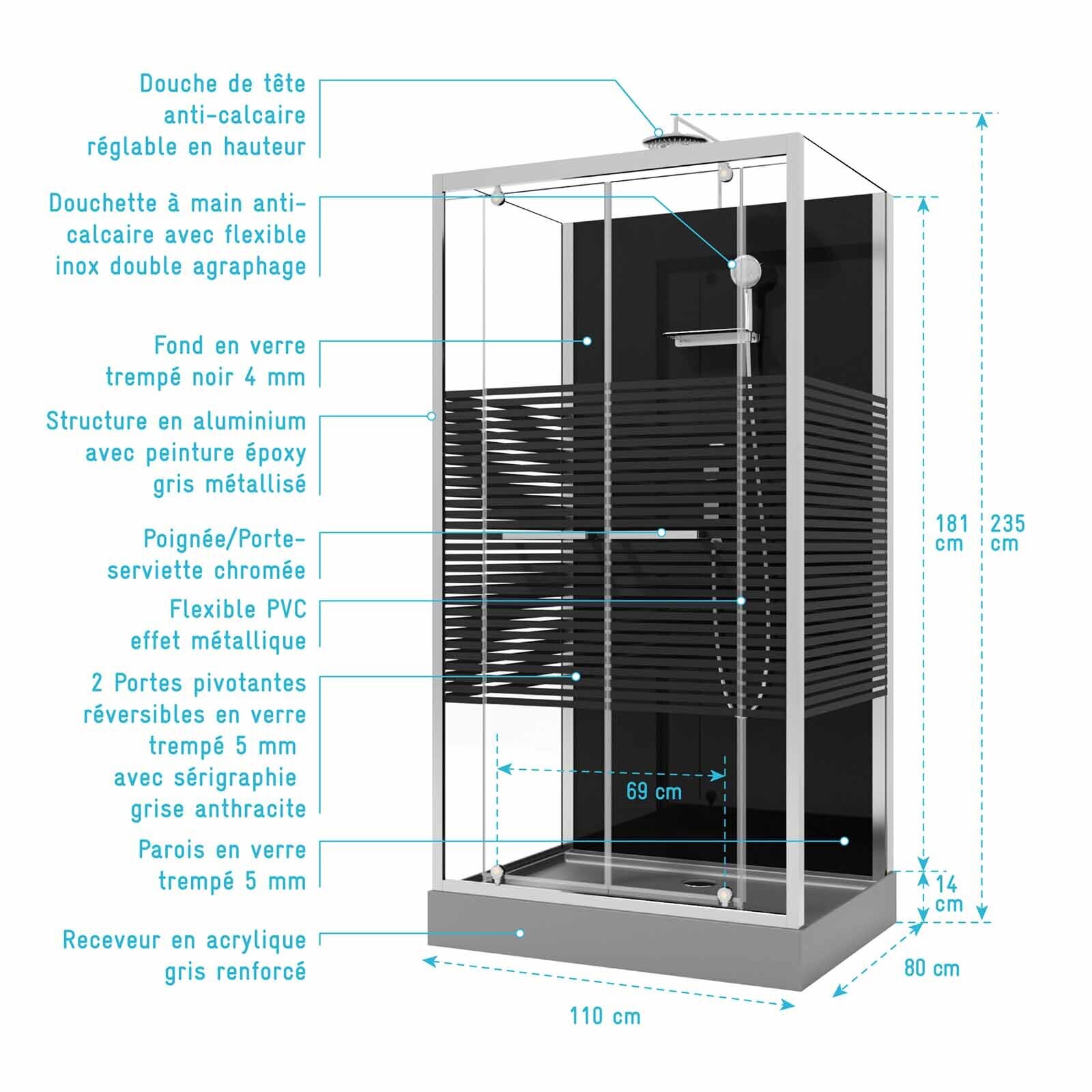 Cabine de douche rectangle 110x80x215cm - Portes pivotantes - Lignes grises anthracites - SCRATCHY 2