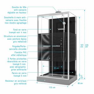 Cabine de douche rectangle 110x80x215cm - Portes pivotantes - Lignes grises anthracites - SCRATCHY 2