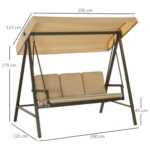Outsunny Columpio de Jardín de 3 Plazas Balancín Exterior Jardín con Toldo Ajustable Cojines Extraíbles y Estructura de Acero 200x125x175 cm Beige
