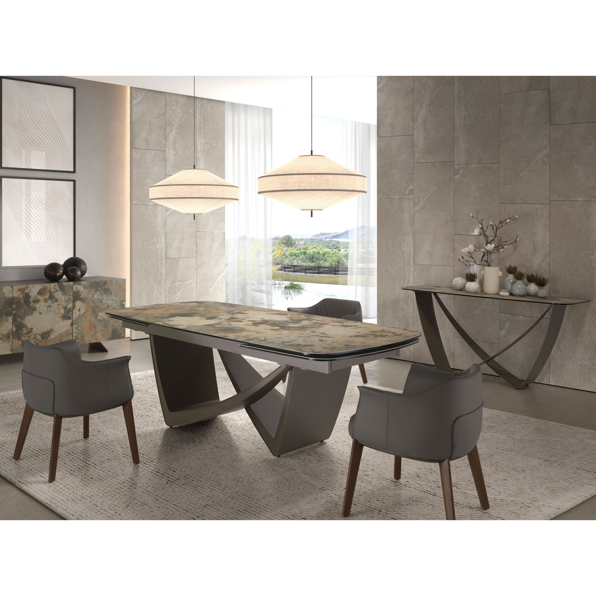 Consola Angel Cerdá rectangular con tapa de mármol porcelánico en tonalidades tierra y grises en acabado mate y unas originales patas de acero inoxidable 150x50x80cm