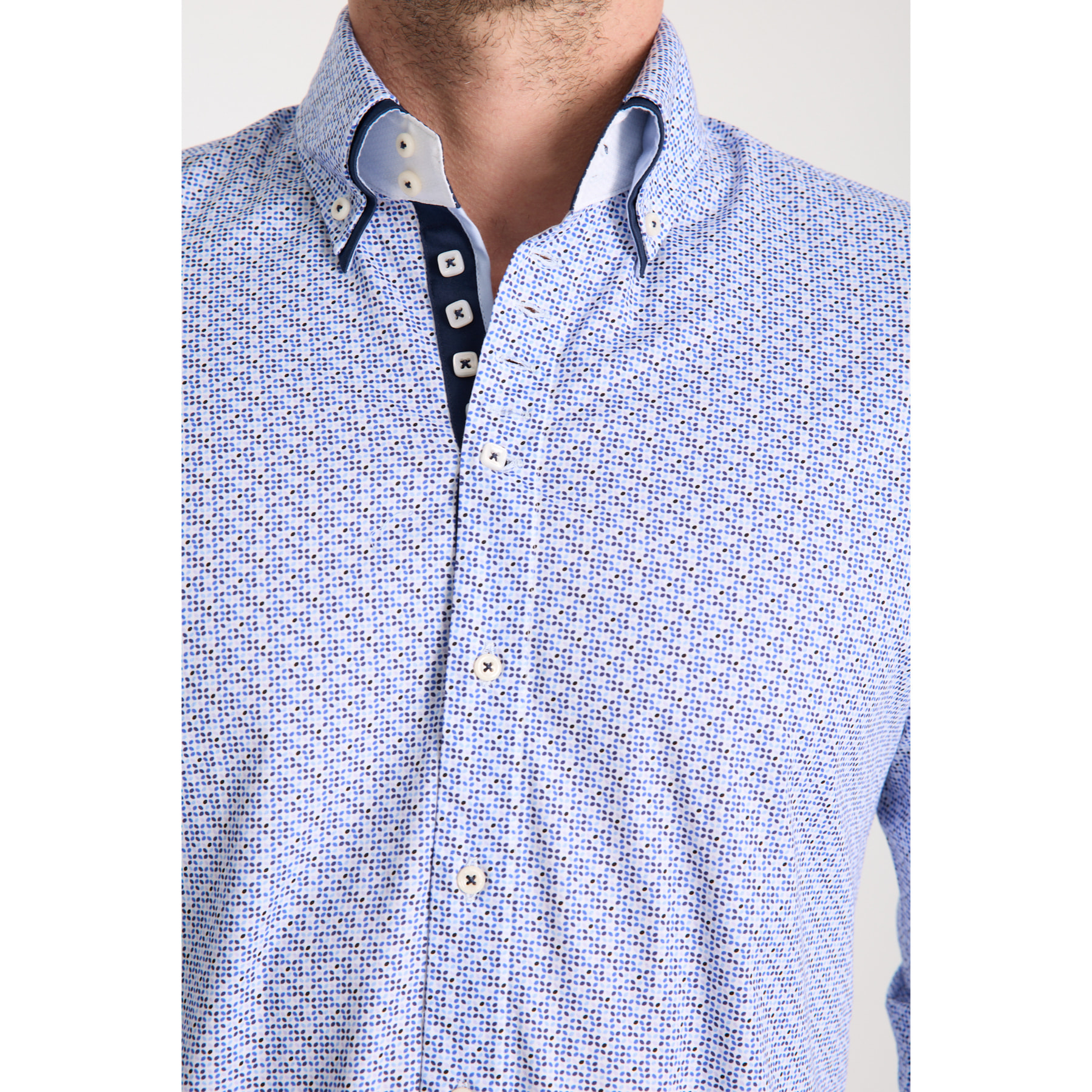 Camicia Uomo 2 Bottoni Button Down 7bottoni Doppio Coll Popeline Stretch Stampato Bianco/Celeste