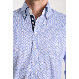 Camicia Uomo 2 Bottoni Button Down 7bottoni Doppio Coll Popeline Stretch Stampato Bianco/Celeste
