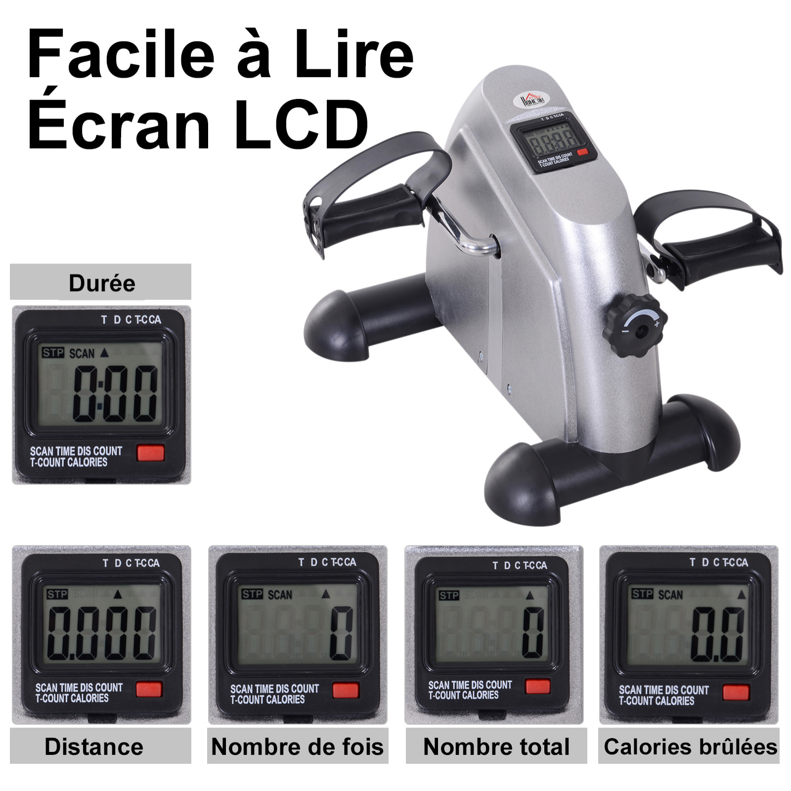 Mini vélo d'appartement pour jambes bras appareil de fitness avec écran LCD dim. 39L x 40l x 31H cm argenté