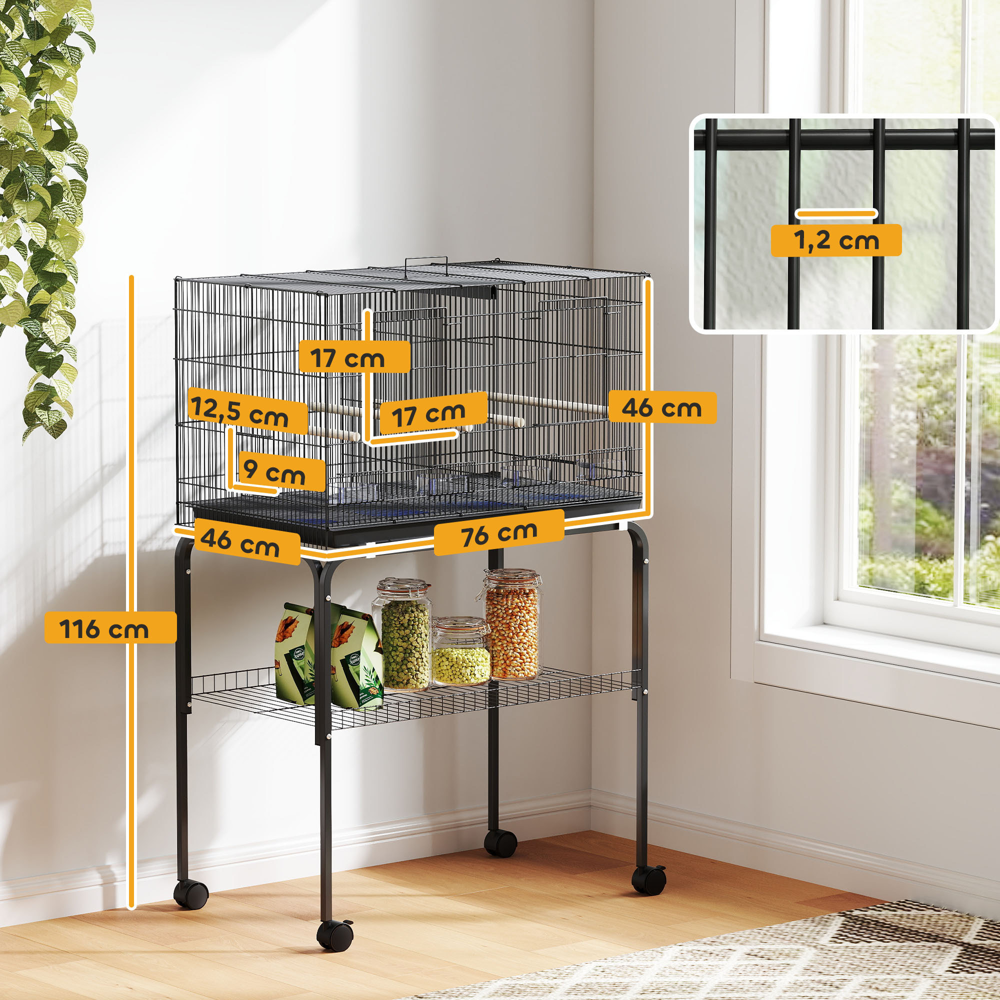 Cage à oiseaux mobile volière acier avec séparateur - 4 perchoirs, mangeoires, portes, trappes, plateau déjection - noir